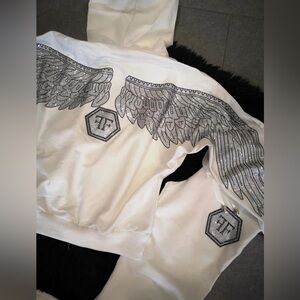 Philipp Plein Inspired White Rhinestone Wing Sweatshirt size S
